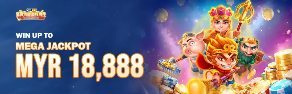 AP33 mega jackpot banner offering MYR 18888 prize with cartoon characters and gold coins