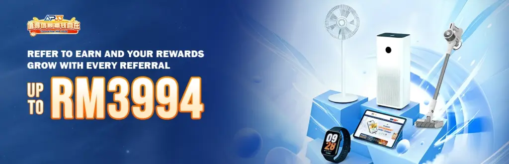 AP33 referral program banner offering up to RM3994 rewards with gadgets and home appliances
