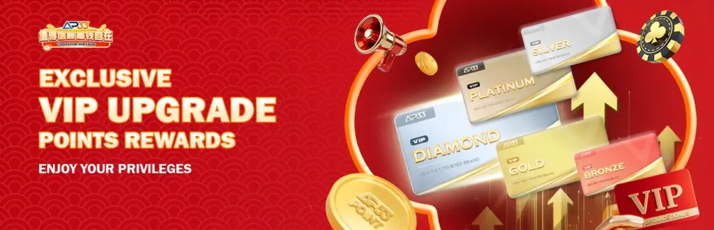 AP33 VIP upgrade banner with tier cards diamond gold platinum silver bronze and reward points system